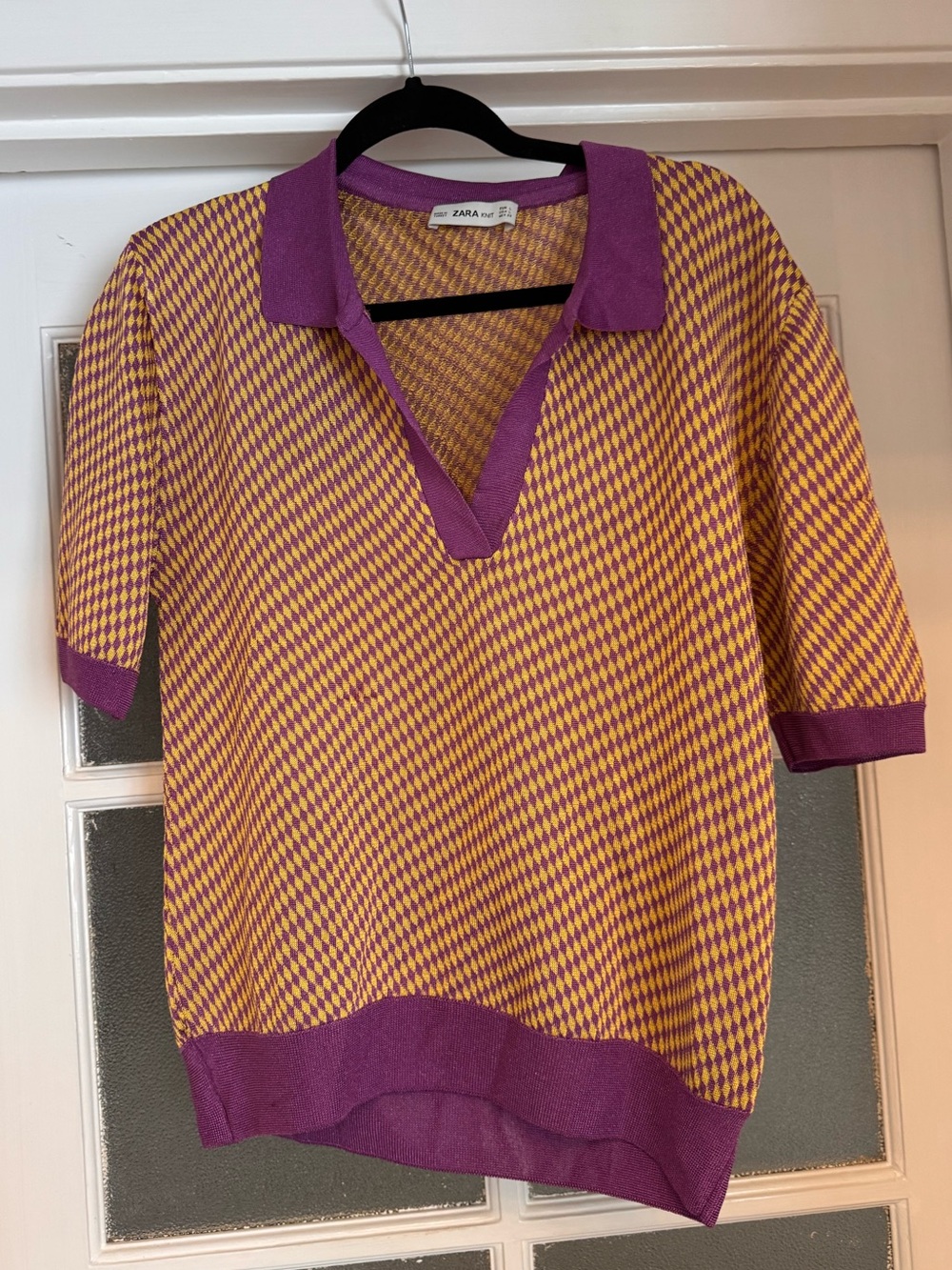Zara Purple and Yellow Houndstooth Knit Polo